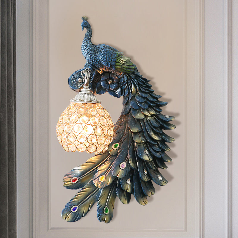 Single Head Peacock Wall Sconce Cottage White/Red/Blue Resin Wall Light Fixture with Clear K9 Crystal Shade, Left/Right Clearhalo 'Wall Lamps & Sconces' 'Wall Lights' Lighting' 1710766