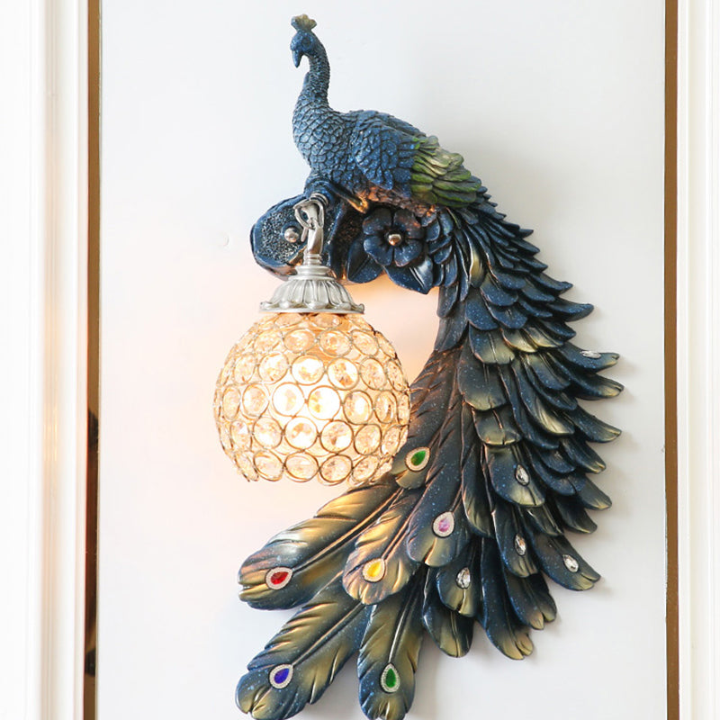 Single Head Peacock Wall Sconce Cottage White/Red/Blue Resin Wall Light Fixture with Clear K9 Crystal Shade, Left/Right Clearhalo 'Wall Lamps & Sconces' 'Wall Lights' Lighting' 1710767