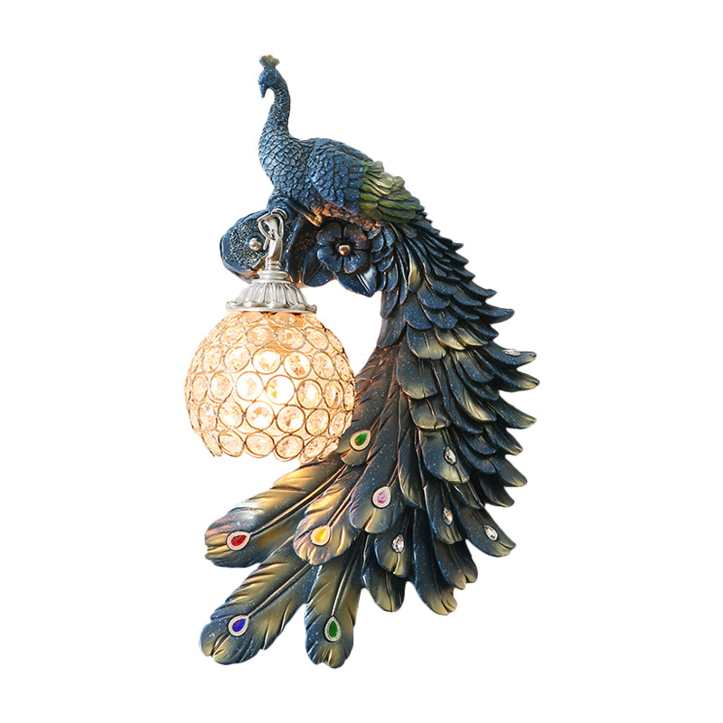 Single Head Peacock Wall Sconce Cottage White/Red/Blue Resin Wall Light Fixture with Clear K9 Crystal Shade, Left/Right Clearhalo 'Wall Lamps & Sconces' 'Wall Lights' Lighting' 1710768