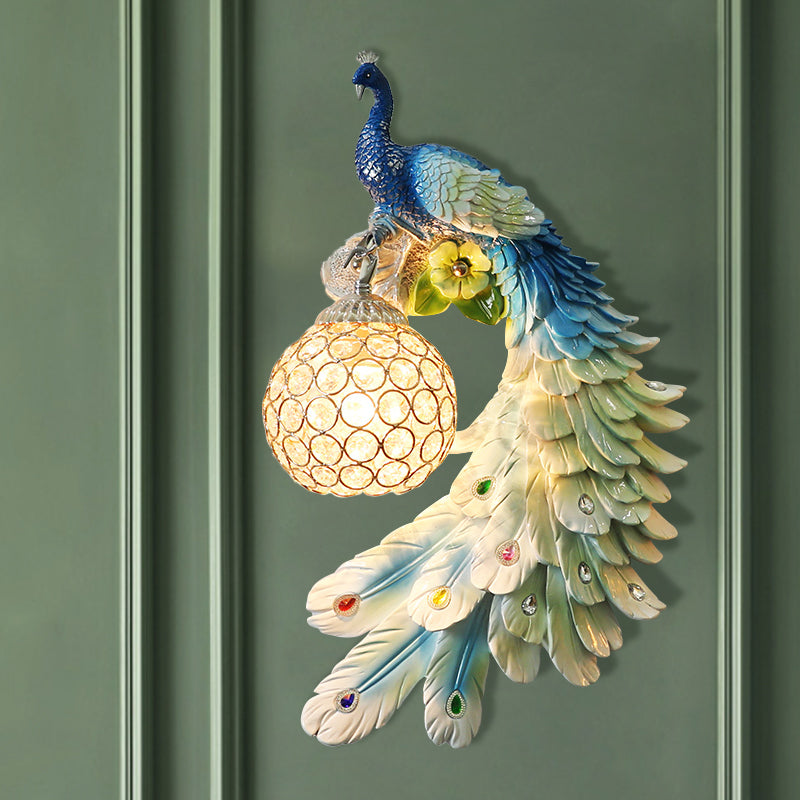 Single Head Peacock Wall Sconce Cottage White/Red/Blue Resin Wall Light Fixture with Clear K9 Crystal Shade, Left/Right Blue Right Clearhalo 'Wall Lamps & Sconces' 'Wall Lights' Lighting' 1710769