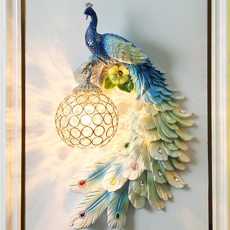 Single Head Peacock Wall Sconce Cottage White/Red/Blue Resin Wall Light Fixture with Clear K9 Crystal Shade, Left/Right Clearhalo 'Wall Lamps & Sconces' 'Wall Lights' Lighting' 1710771