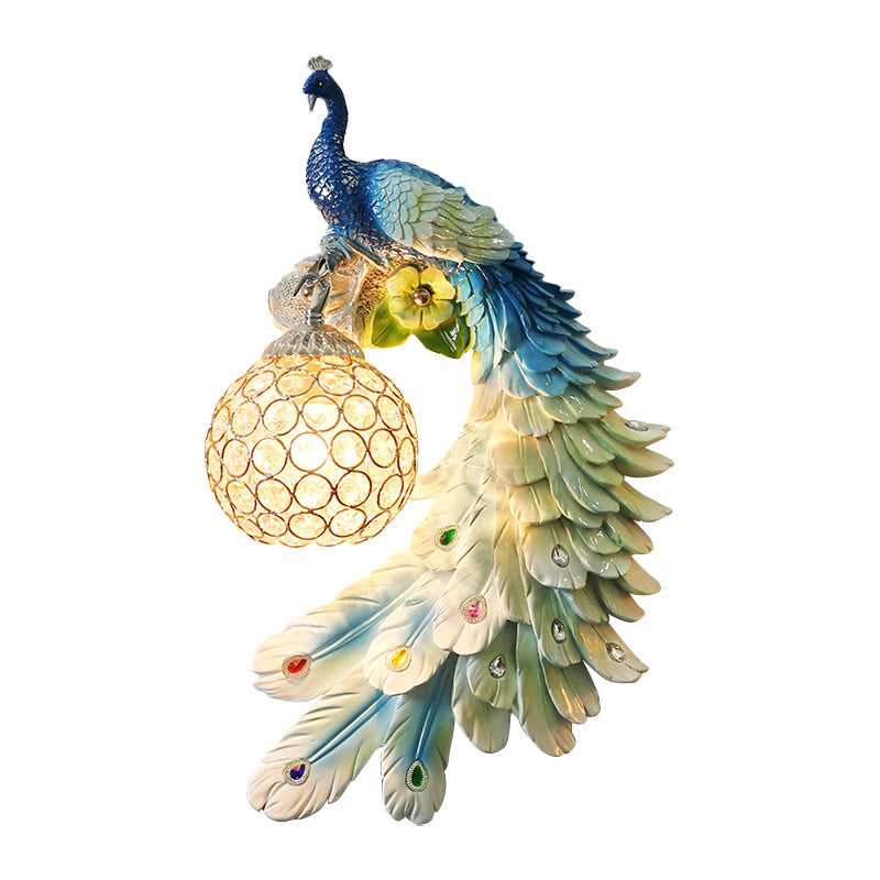 Single Head Peacock Wall Sconce Cottage White/Red/Blue Resin Wall Light Fixture with Clear K9 Crystal Shade, Left/Right Clearhalo 'Wall Lamps & Sconces' 'Wall Lights' Lighting' 1710772