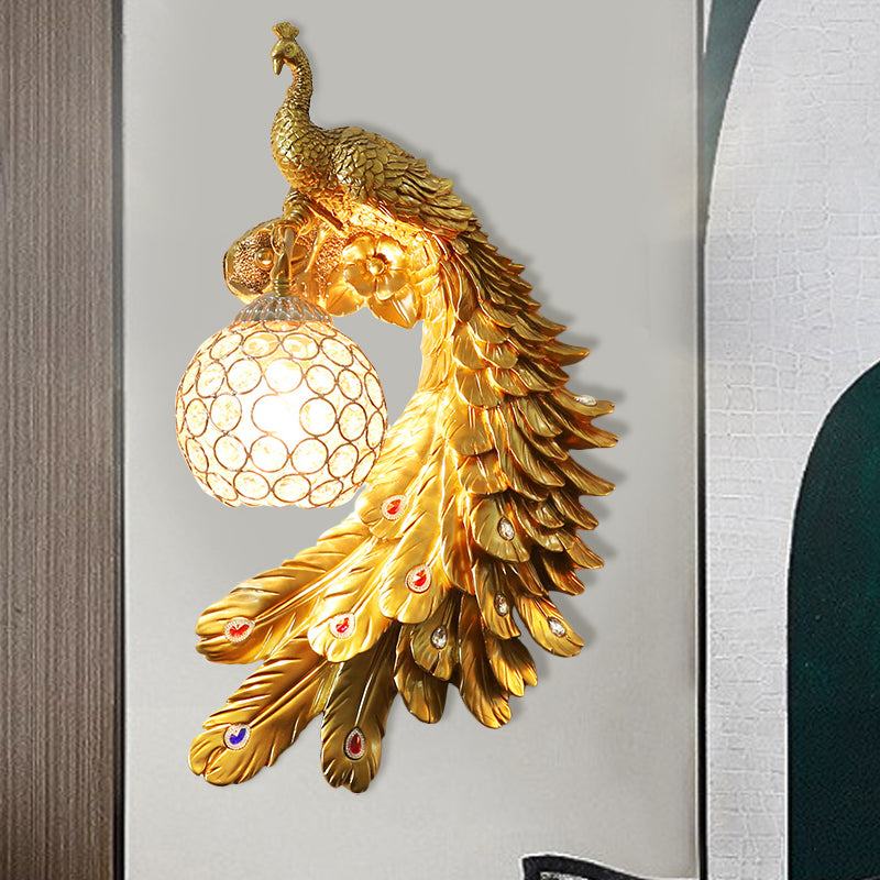 Single Head Peacock Wall Sconce Cottage White/Red/Blue Resin Wall Light Fixture with Clear K9 Crystal Shade, Left/Right Gold Right Clearhalo 'Wall Lamps & Sconces' 'Wall Lights' Lighting' 1710773