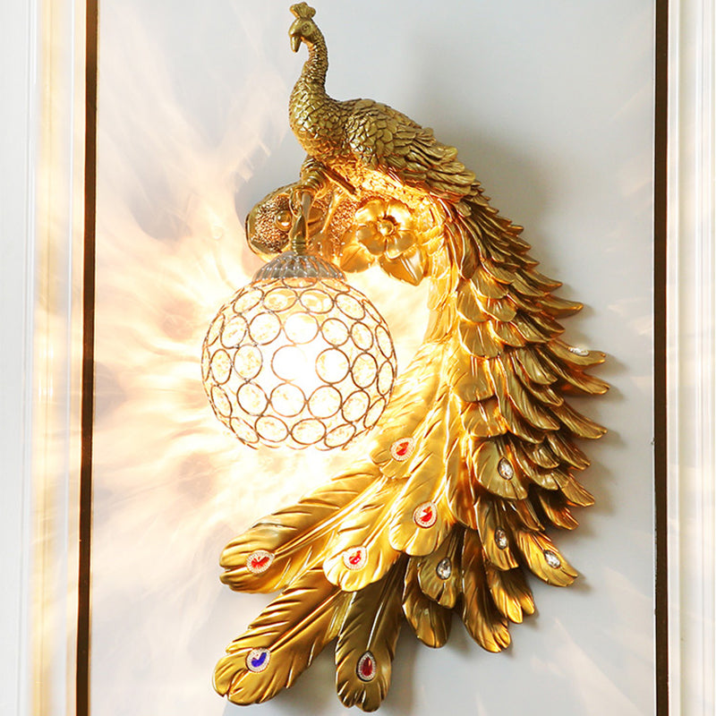 Single Head Peacock Wall Sconce Cottage White/Red/Blue Resin Wall Light Fixture with Clear K9 Crystal Shade, Left/Right Clearhalo 'Wall Lamps & Sconces' 'Wall Lights' Lighting' 1710775