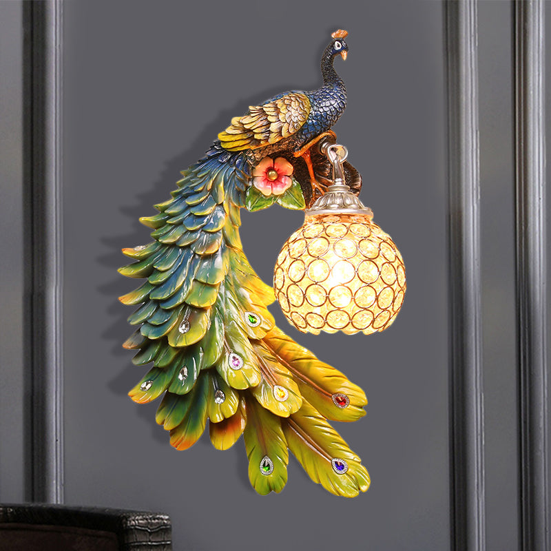 Single Head Peacock Wall Sconce Cottage White/Red/Blue Resin Wall Light Fixture with Clear K9 Crystal Shade, Left/Right Green Left Clearhalo 'Wall Lamps & Sconces' 'Wall Lights' Lighting' 1710777