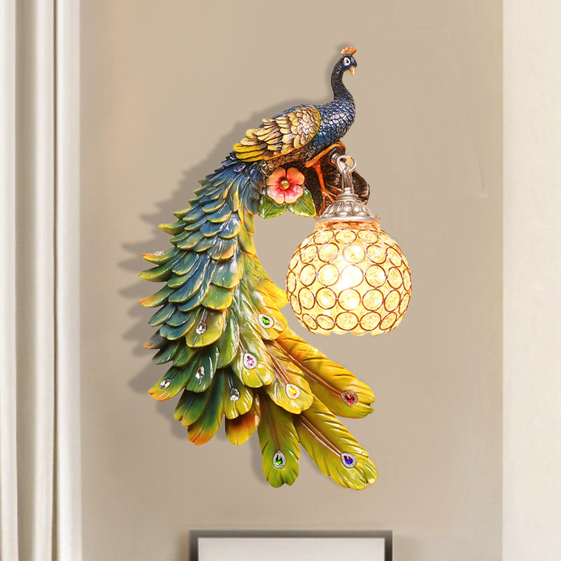 Single Head Peacock Wall Sconce Cottage White/Red/Blue Resin Wall Light Fixture with Clear K9 Crystal Shade, Left/Right Clearhalo 'Wall Lamps & Sconces' 'Wall Lights' Lighting' 1710778