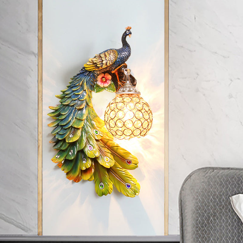 Single Head Peacock Wall Sconce Cottage White/Red/Blue Resin Wall Light Fixture with Clear K9 Crystal Shade, Left/Right Clearhalo 'Wall Lamps & Sconces' 'Wall Lights' Lighting' 1710779