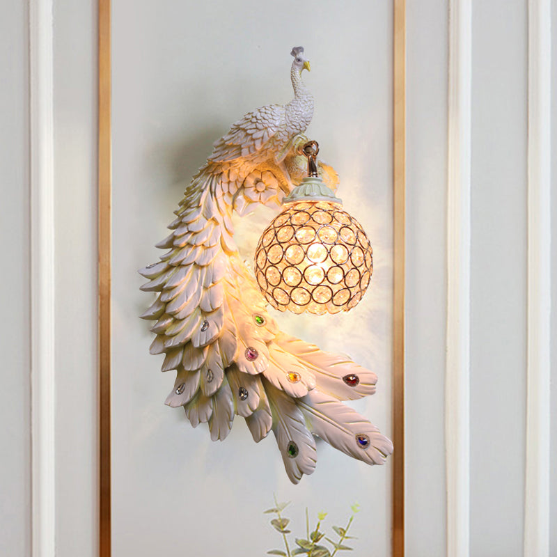 Single Head Peacock Wall Sconce Cottage White/Red/Blue Resin Wall Light Fixture with Clear K9 Crystal Shade, Left/Right White Left Clearhalo 'Wall Lamps & Sconces' 'Wall Lights' Lighting' 1710782