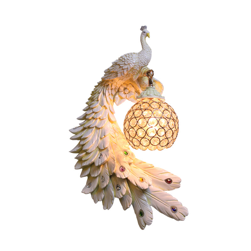 Single Head Peacock Wall Sconce Cottage White/Red/Blue Resin Wall Light Fixture with Clear K9 Crystal Shade, Left/Right Clearhalo 'Wall Lamps & Sconces' 'Wall Lights' Lighting' 1710784