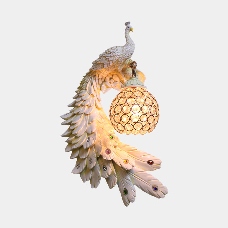 Single Head Peacock Wall Sconce Cottage White/Red/Blue Resin Wall Light Fixture with Clear K9 Crystal Shade, Left/Right Clearhalo 'Wall Lamps & Sconces' 'Wall Lights' Lighting' 1710785