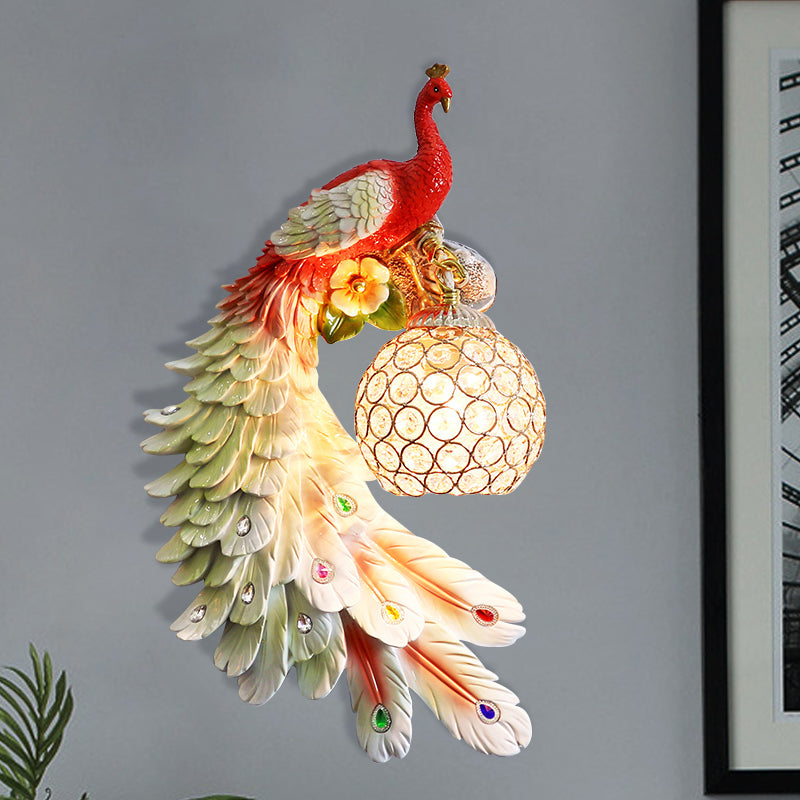 Single Head Peacock Wall Sconce Cottage White/Red/Blue Resin Wall Light Fixture with Clear K9 Crystal Shade, Left/Right Red Left Clearhalo 'Wall Lamps & Sconces' 'Wall Lights' Lighting' 1710786