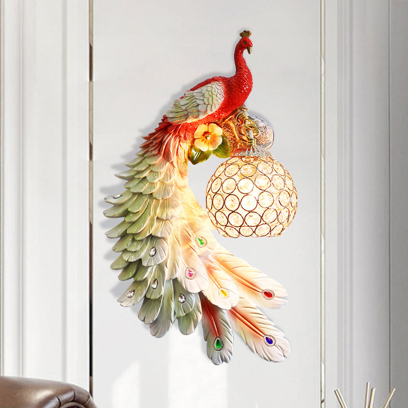 Single Head Peacock Wall Sconce Cottage White/Red/Blue Resin Wall Light Fixture with Clear K9 Crystal Shade, Left/Right Clearhalo 'Wall Lamps & Sconces' 'Wall Lights' Lighting' 1710787