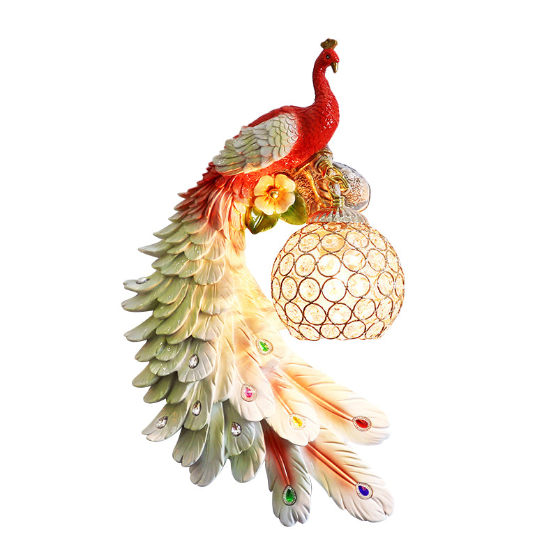 Single Head Peacock Wall Sconce Cottage White/Red/Blue Resin Wall Light Fixture with Clear K9 Crystal Shade, Left/Right Clearhalo 'Wall Lamps & Sconces' 'Wall Lights' Lighting' 1710789