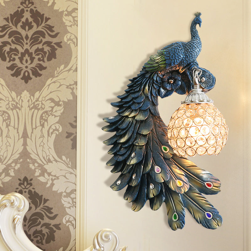 Single Head Peacock Wall Sconce Cottage White/Red/Blue Resin Wall Light Fixture with Clear K9 Crystal Shade, Left/Right Dark Blue Left Clearhalo 'Wall Lamps & Sconces' 'Wall Lights' Lighting' 1710790