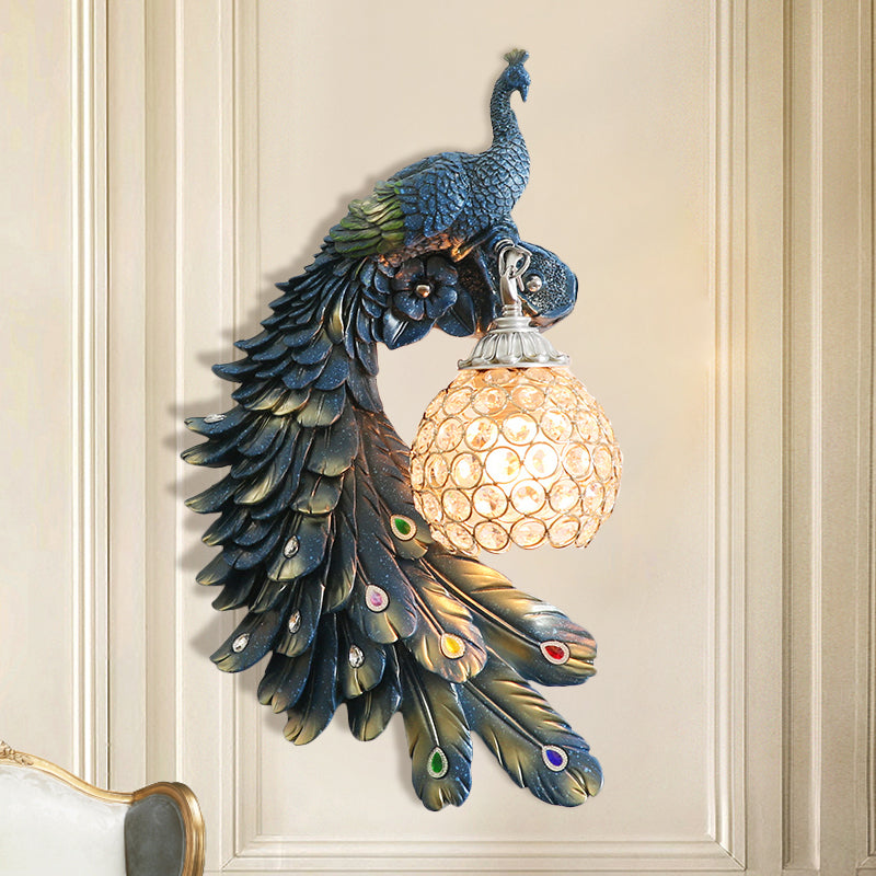 Single Head Peacock Wall Sconce Cottage White/Red/Blue Resin Wall Light Fixture with Clear K9 Crystal Shade, Left/Right Clearhalo 'Wall Lamps & Sconces' 'Wall Lights' Lighting' 1710791