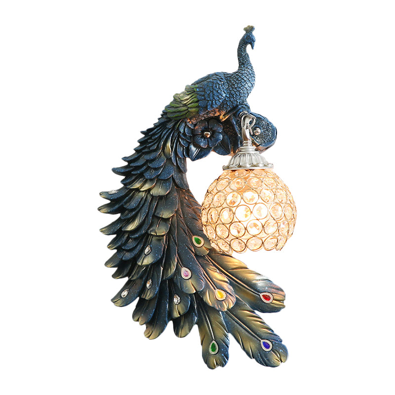 Single Head Peacock Wall Sconce Cottage White/Red/Blue Resin Wall Light Fixture with Clear K9 Crystal Shade, Left/Right Clearhalo 'Wall Lamps & Sconces' 'Wall Lights' Lighting' 1710792