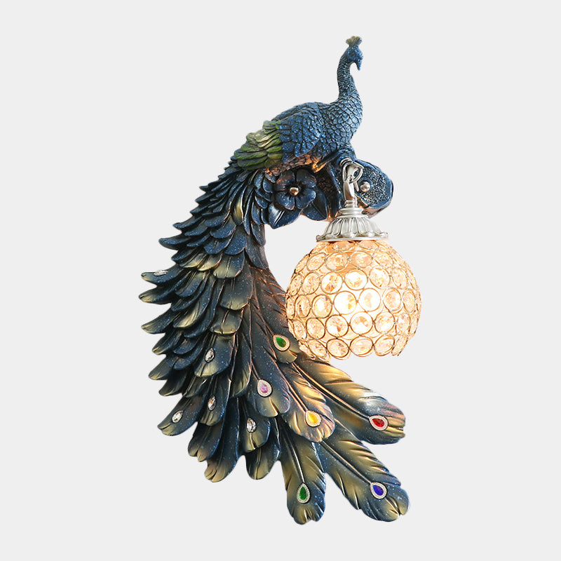 Single Head Peacock Wall Sconce Cottage White/Red/Blue Resin Wall Light Fixture with Clear K9 Crystal Shade, Left/Right Clearhalo 'Wall Lamps & Sconces' 'Wall Lights' Lighting' 1710793