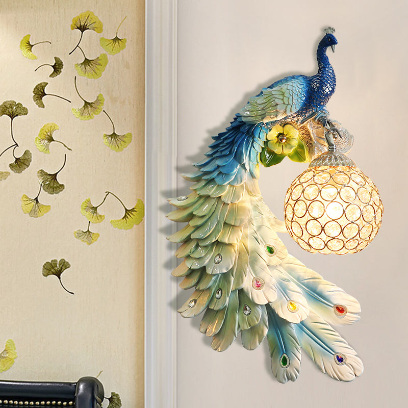 Single Head Peacock Wall Sconce Cottage White/Red/Blue Resin Wall Light Fixture with Clear K9 Crystal Shade, Left/Right Blue Left Clearhalo 'Wall Lamps & Sconces' 'Wall Lights' Lighting' 1710794