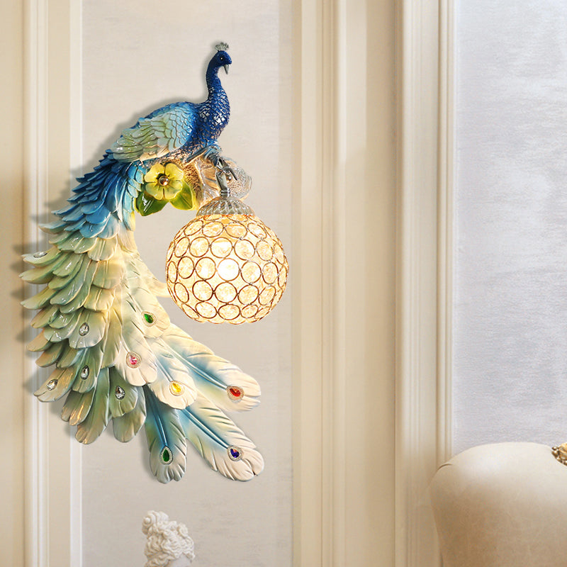 Single Head Peacock Wall Sconce Cottage White/Red/Blue Resin Wall Light Fixture with Clear K9 Crystal Shade, Left/Right Clearhalo 'Wall Lamps & Sconces' 'Wall Lights' Lighting' 1710795