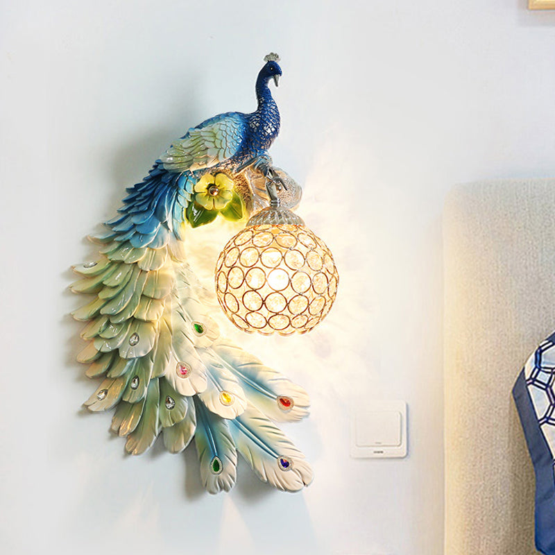 Single Head Peacock Wall Sconce Cottage White/Red/Blue Resin Wall Light Fixture with Clear K9 Crystal Shade, Left/Right Clearhalo 'Wall Lamps & Sconces' 'Wall Lights' Lighting' 1710796