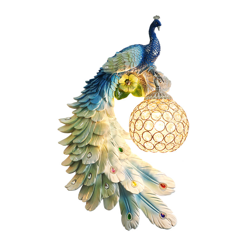 Single Head Peacock Wall Sconce Cottage White/Red/Blue Resin Wall Light Fixture with Clear K9 Crystal Shade, Left/Right Clearhalo 'Wall Lamps & Sconces' 'Wall Lights' Lighting' 1710797