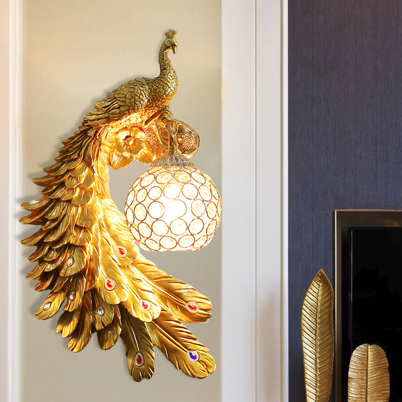 Single Head Peacock Wall Sconce Cottage White/Red/Blue Resin Wall Light Fixture with Clear K9 Crystal Shade, Left/Right Gold Left Clearhalo 'Wall Lamps & Sconces' 'Wall Lights' Lighting' 1710798