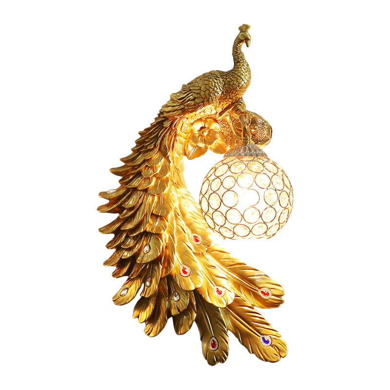 Single Head Peacock Wall Sconce Cottage White/Red/Blue Resin Wall Light Fixture with Clear K9 Crystal Shade, Left/Right Clearhalo 'Wall Lamps & Sconces' 'Wall Lights' Lighting' 1710800