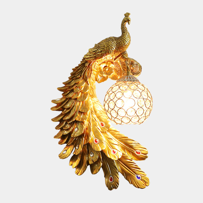 Single Head Peacock Wall Sconce Cottage White/Red/Blue Resin Wall Light Fixture with Clear K9 Crystal Shade, Left/Right Clearhalo 'Wall Lamps & Sconces' 'Wall Lights' Lighting' 1710801