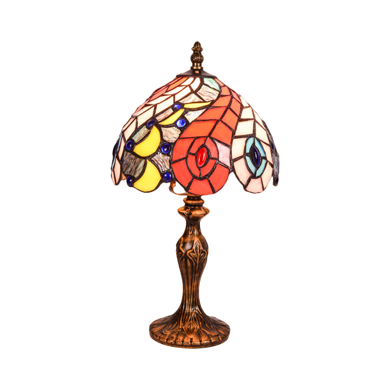 2-Light Bedroom Table Lamp Baroque Brass Peacock Tail Patterned Night Light with Bowl Stained Glass Shade Clearhalo 'Lamps' 'Table Lamps' Lighting' 1710848