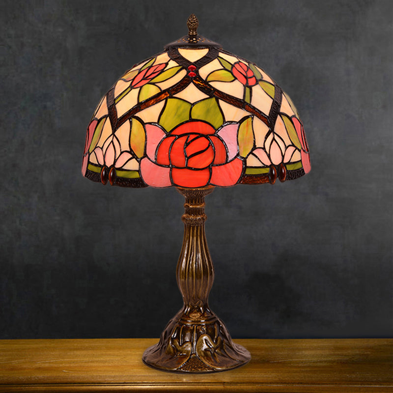 Bloom Night Lighting Victorian Stained Glass 1 Light Brass Finish Nightstand Lamp with Bowl Shade Brass Clearhalo 'Lamps' 'Table Lamps' Lighting' 1710854