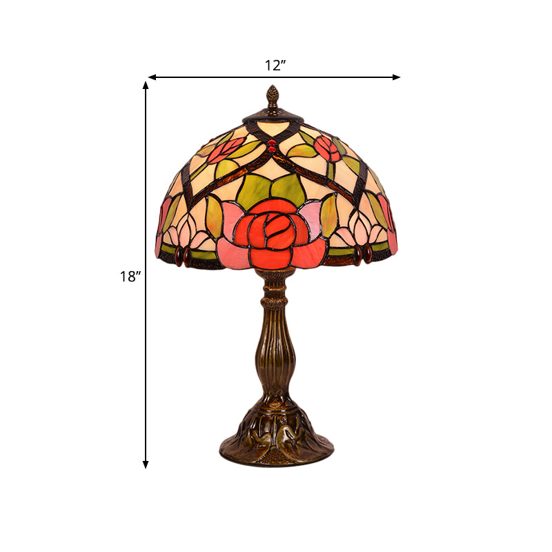 Bloom Night Lighting Victorian Stained Glass 1 Light Brass Finish Nightstand Lamp with Bowl Shade Clearhalo 'Lamps' 'Table Lamps' Lighting' 1710857