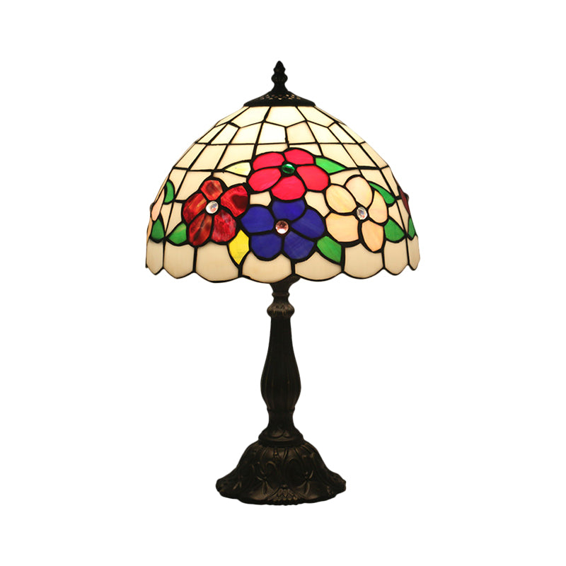 1-Light Grid Dome Night Table Lighting Mediterranean Brass Hand Cut Glass Flower Patterned Nightstand Lighting Clearhalo 'Lamps' 'Table Lamps' Lighting' 1710872