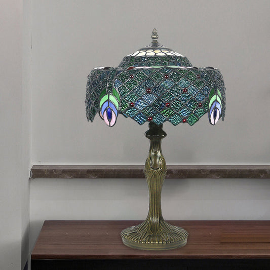 1 Bulb Night Table Lamp Baroque Drum Cut Glass Nightstand Light in Blue with Peacock Feather Pattern Clearhalo 'Lamps' 'Table Lamps' Lighting' 1710875