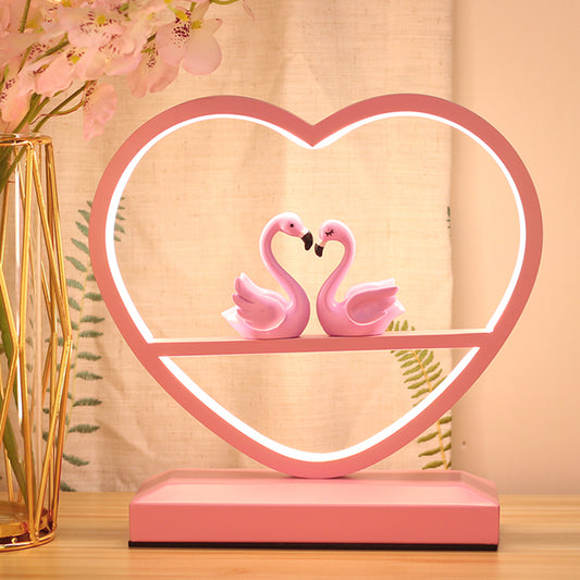 Nordic Loving Heart Night Lamp Metallic Sleeping Room LED Table Light with Swans Deco in Pink Pink Clearhalo 'Lamps' 'Table Lamps' Lighting' 1711079