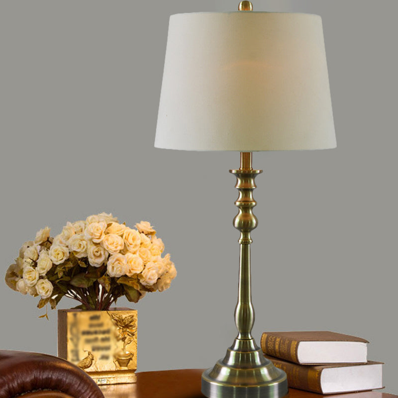 1 Light Task Lighting Rural Style Barrel Fabric Shade Night Table Lamp with Candlestick Column in Gold Gold Clearhalo 'Lamps' 'Table Lamps' Lighting' 1711197