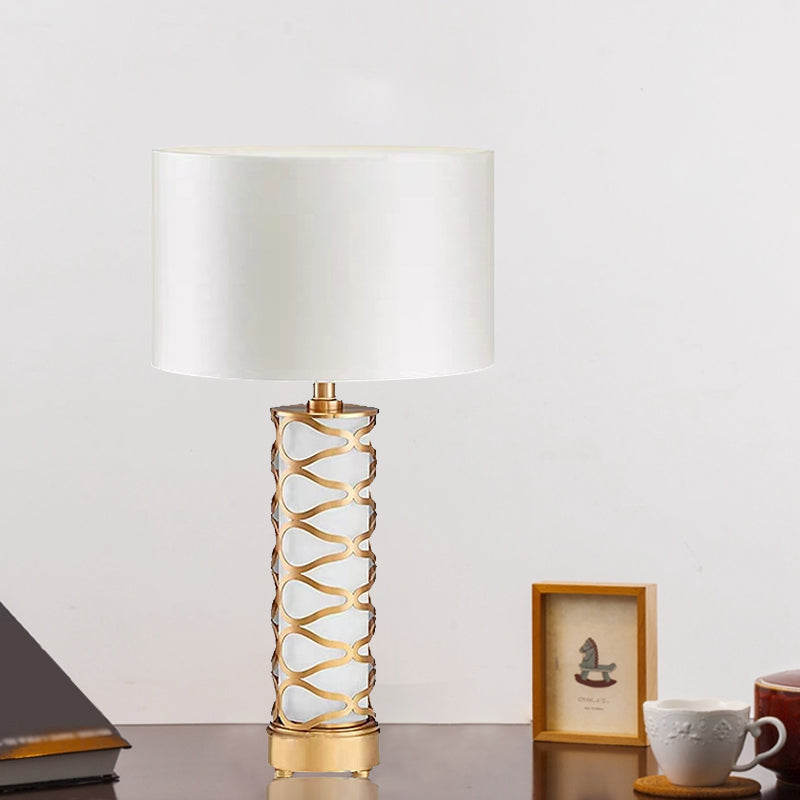 Drum Bedroom Night Table Lamp Classic Fabric 1-Head White Desk Light with Cylinder Base Gold Clearhalo 'Lamps' 'Table Lamps' Lighting' 1711209