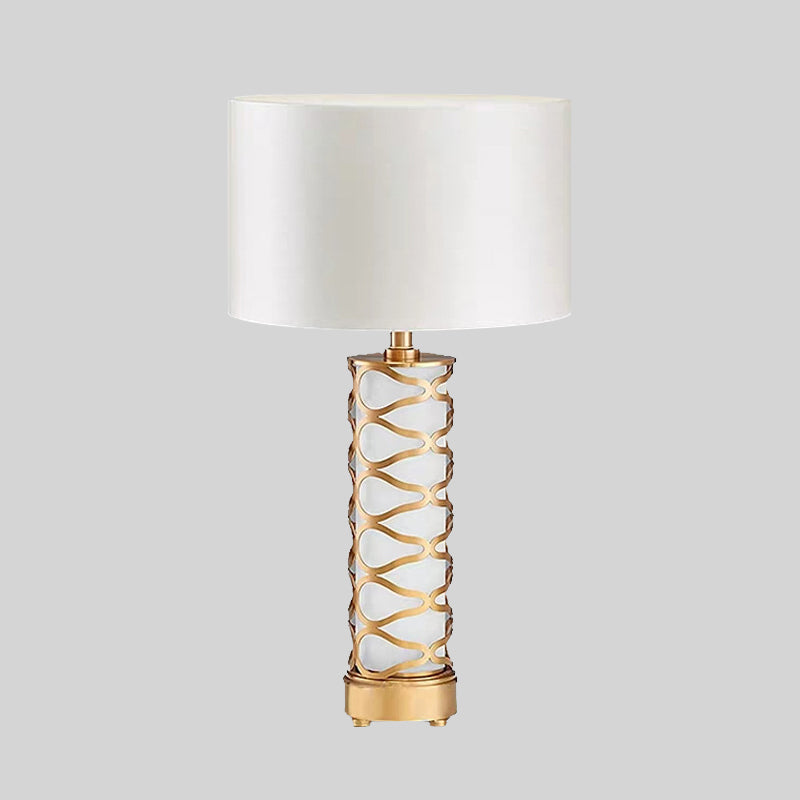Drum Bedroom Night Table Lamp Classic Fabric 1-Head White Desk Light with Cylinder Base Clearhalo 'Lamps' 'Table Lamps' Lighting' 1711211