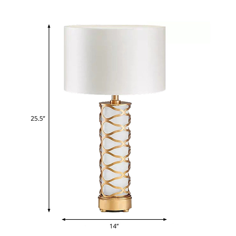 Drum Bedroom Night Table Lamp Classic Fabric 1-Head White Desk Light with Cylinder Base Clearhalo 'Lamps' 'Table Lamps' Lighting' 1711212