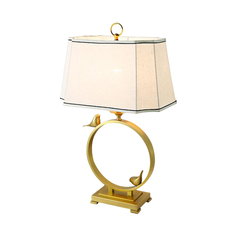 Fabric Brass Desk Lamp Paneled Cuboid 1 Light Rustic Style Night Lighting with Bird Deco Clearhalo 'Lamps' 'Table Lamps' Lighting' 1711239