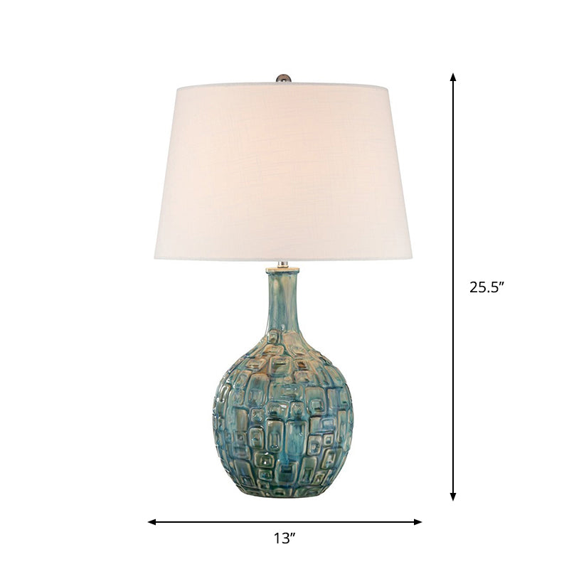 Rural Conical Nightstand Lighting 1-Bulb Fabric Shade Table Lamp with Vase Base in Blue Clearhalo 'Lamps' 'Table Lamps' Lighting' 1711245