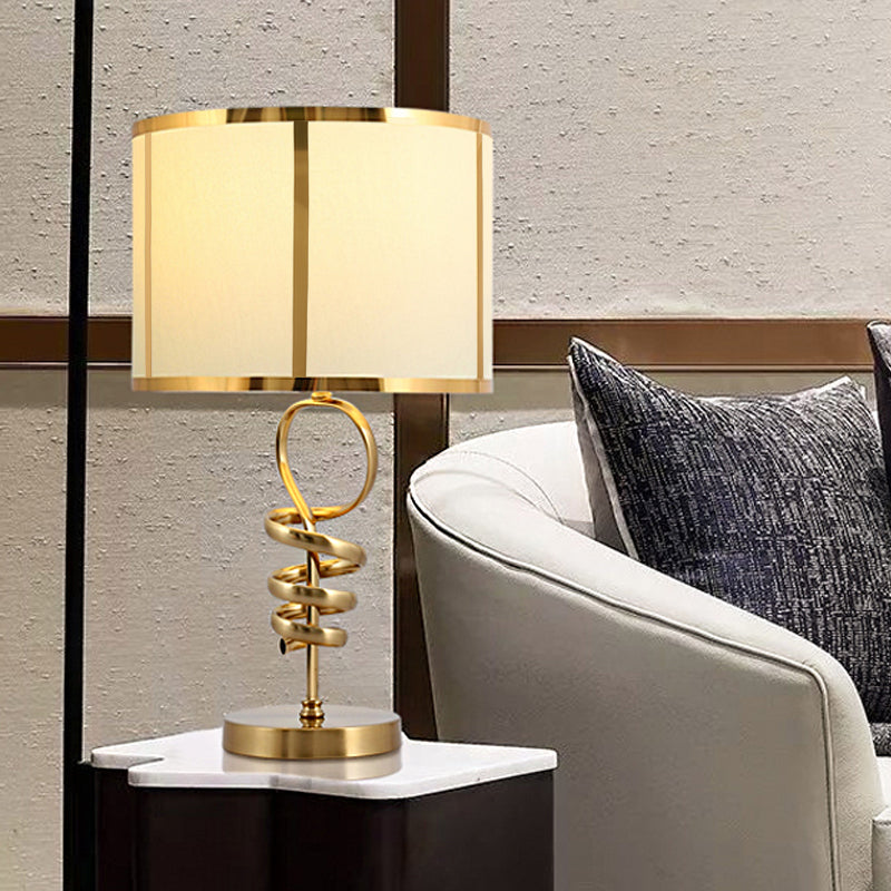 Barrel Living Room Desk Light Retro Fabric 1-Head Brass Night Table Lamp with Twisted Base Design Brass Clearhalo 'Lamps' 'Table Lamps' Lighting' 1711254
