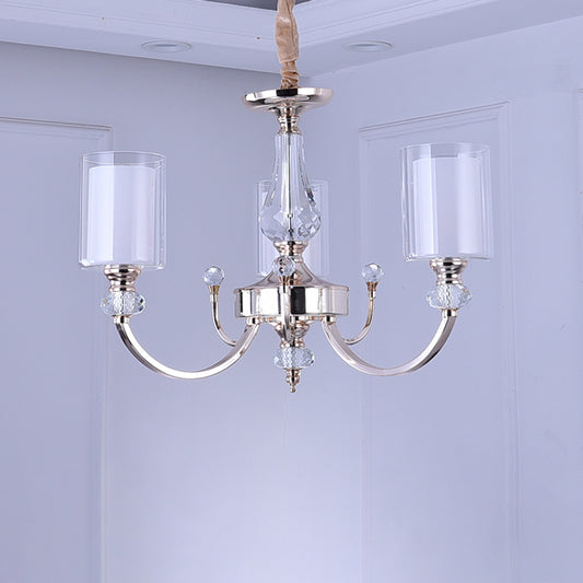 Contemporary 3 Lights Chandelier Gold Dual-Cylinder Ceiling Light with Clear and White Glass Shade Gold Clearhalo 'Ceiling Lights' 'Chandeliers' 'Modern Chandeliers' 'Modern' Lighting' 1711328