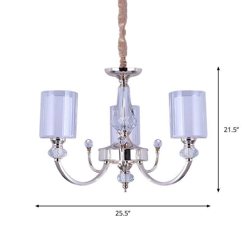 Contemporary 3 Lights Chandelier Gold Dual-Cylinder Ceiling Light with Clear and White Glass Shade Clearhalo 'Ceiling Lights' 'Chandeliers' 'Modern Chandeliers' 'Modern' Lighting' 1711331