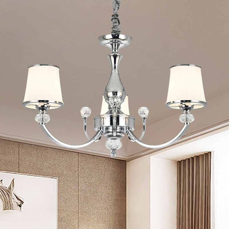 Opal Glass Cone Ceiling Hang Fixture Modernist 3/6 Lights Chrome/Gold Pendant Chandelier with Curved Arm 3 Chrome Clearhalo 'Ceiling Lights' 'Chandeliers' 'Modern Chandeliers' 'Modern' Lighting' 1711344