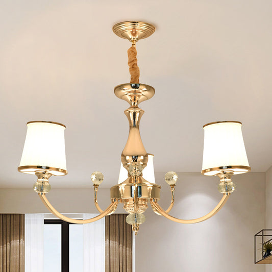 Opal Glass Cone Ceiling Hang Fixture Modernist 3/6 Lights Chrome/Gold Pendant Chandelier with Curved Arm 3 Gold Clearhalo 'Ceiling Lights' 'Chandeliers' 'Modern Chandeliers' 'Modern' Lighting' 1711352
