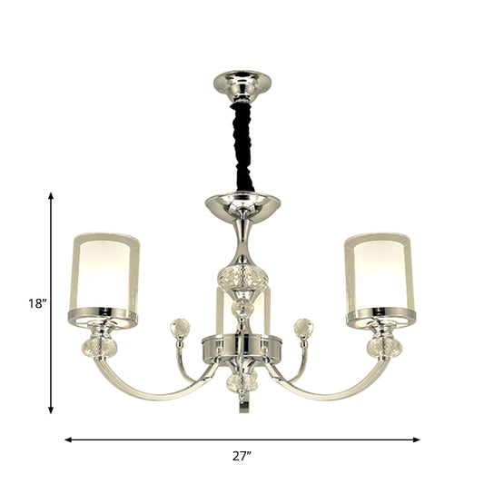 Dual-Layer Cylinder Parlor Ceiling Lamp Clear and Opal Glass 3-Head Minimalism Chandelier with Crystal Deco in Chrome Clearhalo 'Ceiling Lights' 'Chandeliers' 'Modern Chandeliers' 'Modern' Lighting' 1711363