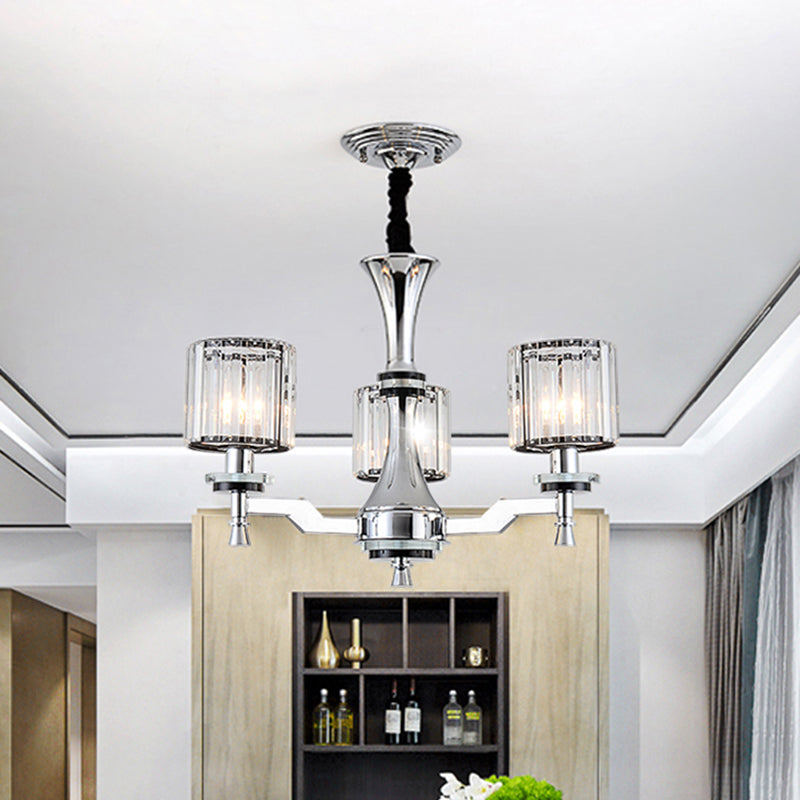 Cylinder Crystal Prisms Suspension Lamp Modern 3 Bulbs Chrome Chandelier Light Fixture Chrome Clearhalo 'Ceiling Lights' 'Chandeliers' 'Modern Chandeliers' 'Modern' Lighting' 1711368