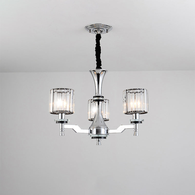 Cylinder Crystal Prisms Suspension Lamp Modern 3 Bulbs Chrome Chandelier Light Fixture Clearhalo 'Ceiling Lights' 'Chandeliers' 'Modern Chandeliers' 'Modern' Lighting' 1711369