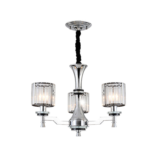 Cylinder Crystal Prisms Suspension Lamp Modern 3 Bulbs Chrome Chandelier Light Fixture Clearhalo 'Ceiling Lights' 'Chandeliers' 'Modern Chandeliers' 'Modern' Lighting' 1711370