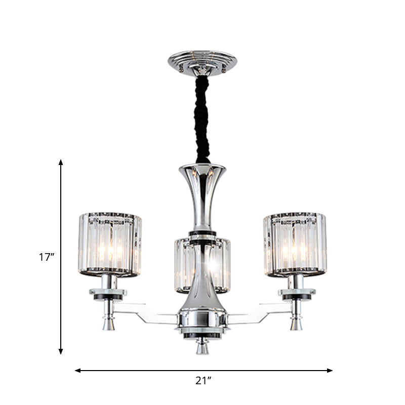 Cylinder Crystal Prisms Suspension Lamp Modern 3 Bulbs Chrome Chandelier Light Fixture Clearhalo 'Ceiling Lights' 'Chandeliers' 'Modern Chandeliers' 'Modern' Lighting' 1711371